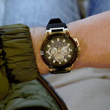  Shop Authentic Guess Matrix Multifunction Gold Dial Black Rubber Strap Watch For Men - GW0423G2 - Luxxuri
