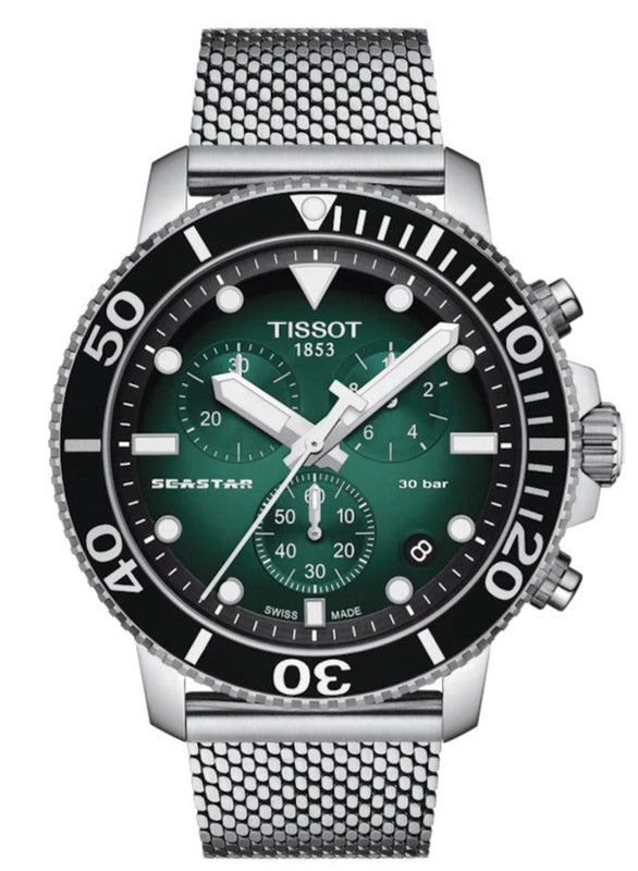  Shop Authentic Tissot Seastar 1000 Chronograph Green Dial Silver Mesh Bracelet Watch For Men - T120.417.11.091.00 - Luxxuri