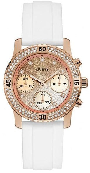  Shop Authentic Guess Confetti Crystal Rose Gold Dial White Silicone Strap Watch For Women - W1098L5 - Luxxuri