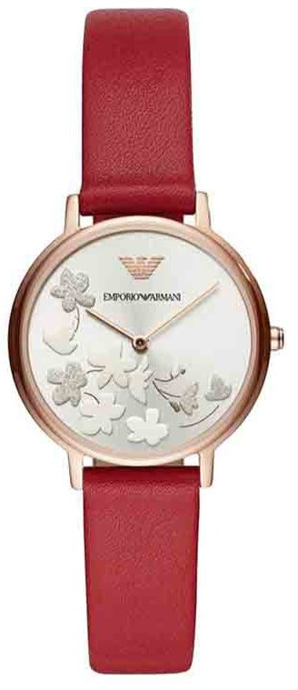 Emporio Armani Kappa Classic Quartz Silver Dial Red Leather Strap Watch For Women - AR11114