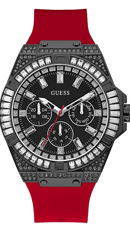 Guess Mainline Multifunction Crystals Black Dial Red Silicone Strap Watch For Men - GW0208G6