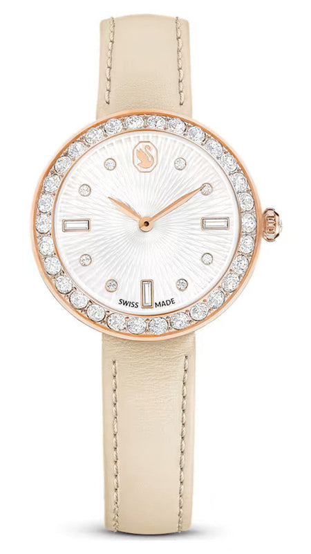  Shop Authentic Swarovski Certa Crystals Silver Dial Beige Leather Strap Watch for Women - 5672968 - Luxxuri