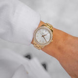 Shop Authentic Michael Kors Liliane Mother of Pearl White Dial Gold Steel Strap Watch For Women - MK4555 - Luxxuri