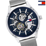  Shop Authentic Tommy Hilfiger Spencer Skeleton Black Dial Silver Mesh Bracelet Watch for Men - 1791643 - Luxxuri