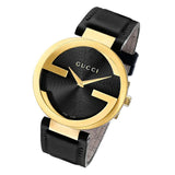  Shop Authentic Gucci Interlocking G Gold Black Dial Black Leather Strap Unisex Watch - YA133326 - Luxxuri