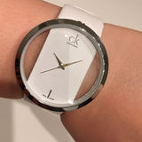  Shop Authentic Calvin Klein Glam Transparent Dial White Leather Strap Watch for Women - K9423101 - Luxxuri