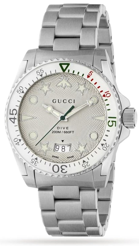  Shop Authentic Gucci Dive Quartz White Dial Silver Steel Strap Watch For Men - YA136336 - Luxxuri