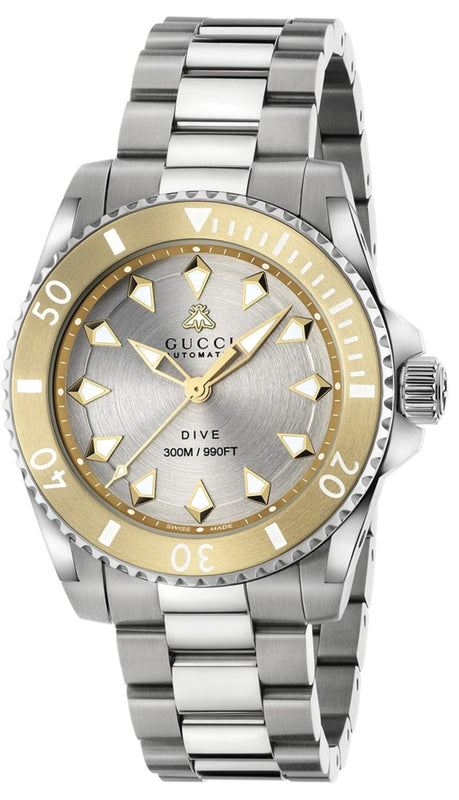  Shop Authentic Gucci Dive Automatic 18K Gold Silver Dial Silver Steel Strap Watch for Men - YA136357 - Luxxuri