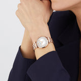  Shop Authentic Emporio Armani Gianni T-Bar Crystals Silver Dial Rose Gold Steel Strap Watch For Women - AR11446 - Luxxuri