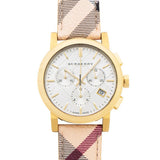  Shop Authentic Burberry The City White Dial Haymarket Beige Leather Strap Watch for Women - BU9752 - Luxxuri