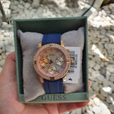  Shop Authentic Guess Confetti Diamonds Gold Dial Blue Rubber Strap Watch For Women - W1098L6 - Luxxuri