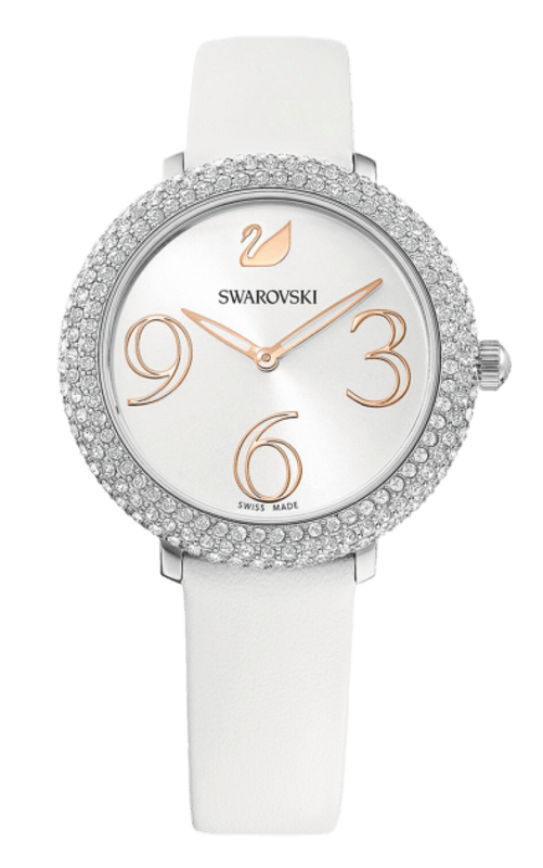  Shop Authentic Swarovski Crystal Frost Silver Dial White Leather Strap Watch for Women - 5484070 - Luxxuri