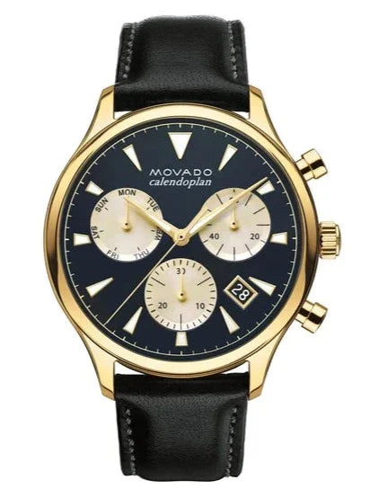  Shop Authentic Movado Heritage Chronograph Calendoplan Blue Dial Black Leather Strap Watch for Men - 3650006 - Luxxuri