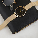 Daniel Wellington Classic Petite Black Dial Gold Mesh Bracelet Watch For Women - DW00100347
