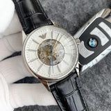  Shop Authentic Emporio Armani Meccanico Silver Skeleton Dial Black Leather Strap Watch For Men - AR2072 - Luxxuri