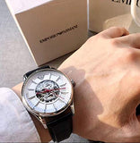  Shop Authentic Emporio Armani Meccanico Silver Skeleton Dial Black Leather Strap Watch For Men - AR2072 - Luxxuri