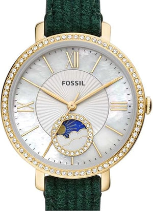  Shop Authentic Fossil Jacqueline Multifunction Moonphase Mother of Pearl White Dial Green Leather Strap Watch for Women - ES5244 - Luxxuri
