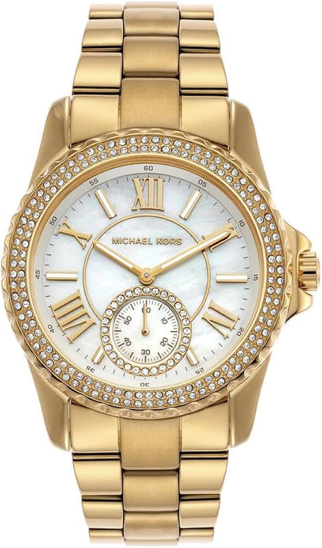  Shop Authentic Michael Kors Everest Three Hand Mother of Pearl White Dial Gold Steel Strap Watch For Women - MK7401 - Luxxuri