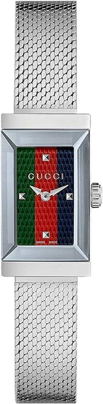  Shop Authentic Gucci G Frame Quartz Diamonds Green & Red Mother of Pearl Dial Silver Mesh Bracelet Watch For Women - YA147510 - Luxxuri