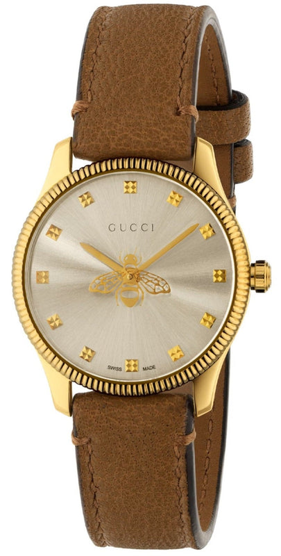  Shop Authentic Gucci G Timeless Quartz Silver Dial Brown Leather Strap Watch For Women - YA1265022 - Luxxuri