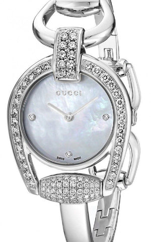  Shop Authentic Gucci Horsebit Collection Diamonds Mother of Pearl Dial Silver Steel Strap Watch For Women - YA139505 - Luxxuri