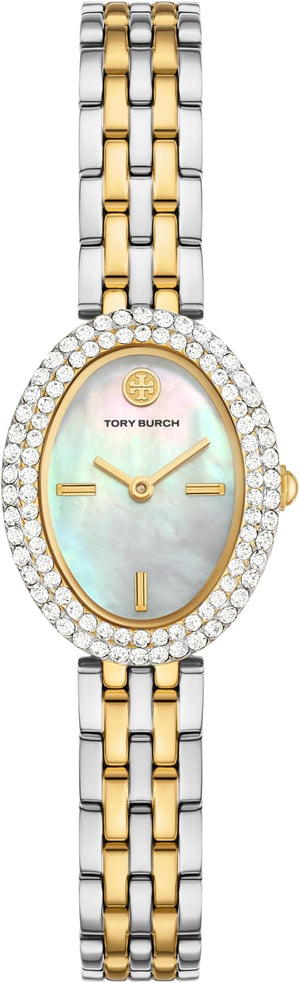 Tory Burch Oval Crystals Mother of Pearl Dial Two Tone Steel Strap Watch for Women - YBW6037