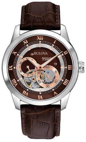  Shop Authentic Bulova Classic Skeleton Automatic Brown Dial Brown Leather Strap Watch for Men - 96A120 - Luxxuri