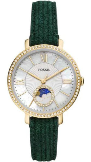 Shop Authentic Fossil Jacqueline Multifunction Moonphase Mother of Pearl White Dial Green Leather Strap Watch for Women - ES5244 - Luxxuri