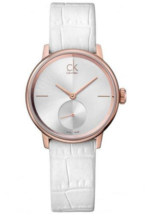  Shop Authentic Calvin Klein Accent Silver Dial White Leather Strap Watch for Women - K2Y236K6 - Luxxuri