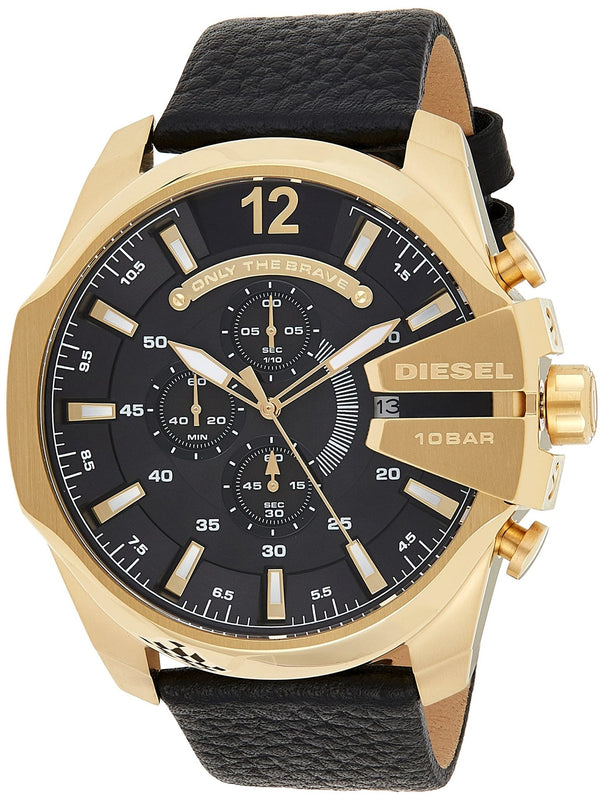  Shop Authentic Diesel Mega Chief Gold & Black Dial Black Leather Strap Watch For Men - DZ4344 - Luxxuri