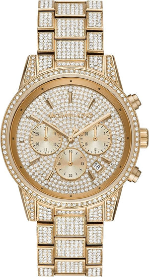  Shop Authentic Michael Kors Ritz Three-Hand Glitz Crystals Gold Dial Gold Steel Strap Watch for Women - MK6747 - Luxxuri