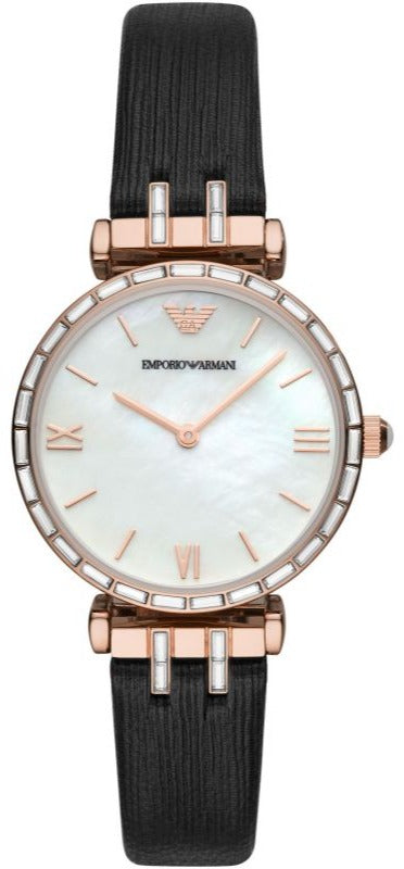  Shop Authentic Emporio Armani Gianni T-Bar Mother of Pearl Dial Black Leather Strap Watch For Women - AR11295 - Luxxuri