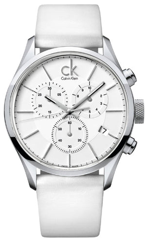  Shop Authentic Calvin Klein Masculine Chronograph White Dial White Leather Strap Watch for Men - K2H27101 - Luxxuri