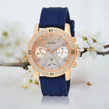  Shop Authentic Guess Confetti Diamonds Gold Dial Blue Rubber Strap Watch For Women - W1098L6 - Luxxuri