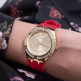  Shop Authentic Guess Cosmo Diamonds Gold Dial Red Rubber Strap Watch for Women - GW0034L6 - Luxxuri