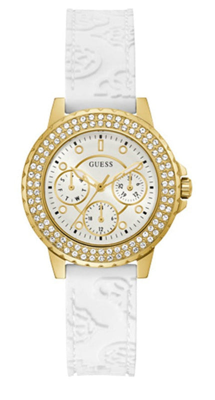  Shop Authentic Guess Crown Jewel Multifunction Diamonds White Dial White Leather Strap Watch for Women - GW0411L1 - Luxxuri