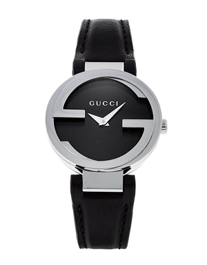  Shop Authentic Gucci G Interlocking Black Dial Black Leather Strap Watch For Women - YA133501 - Luxxuri