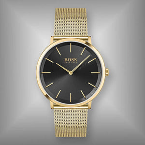  Shop Authentic Hugo Boss Horizon Quartz Black Dial Gold Mesh Bracelet Watch For Men - 1513735 - Luxxuri