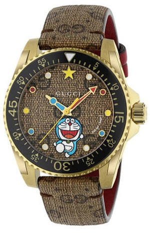  Shop Authentic Gucci Dive Doraemon Quartz Brown Dial Brown Leather Strap Watch For Men - YA136335 - Luxxuri