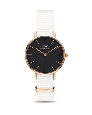  Shop Authentic Daniel Wellington Classic Petite Dover Black Dial White NATO Strap Watch For Women - DW001000314 - Luxxuri