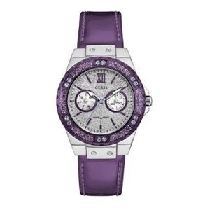  Shop Authentic Guess Limelight Quartz Silver Dial Purple Leather Strap Watch For Women - W0775L6 - Luxxuri