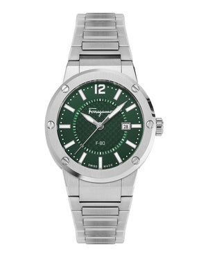  Shop Authentic Salvatore Ferragamo F-80 Bracelet Green Dial Silver Steel Strap Watch For Men - SFHY00621 - Luxxuri