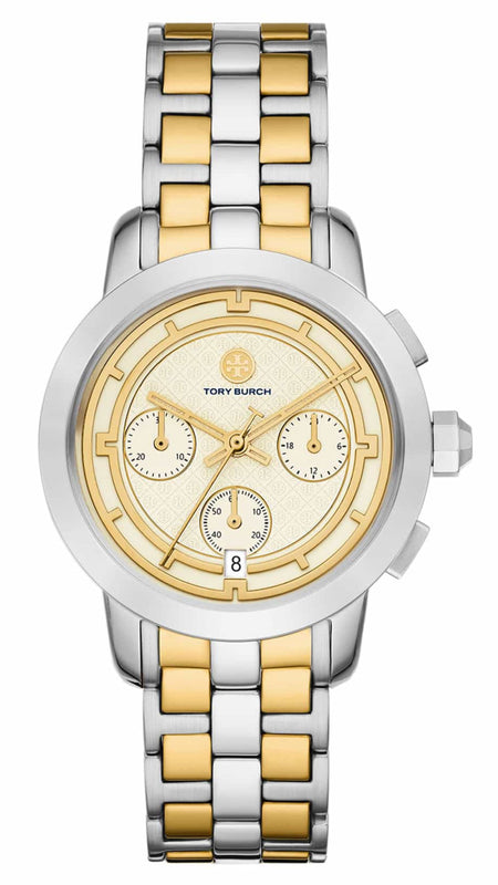 Tory Burch The Tory Chronograph White Dial Two Tone Steel Strap Watch for Women - TBW1052