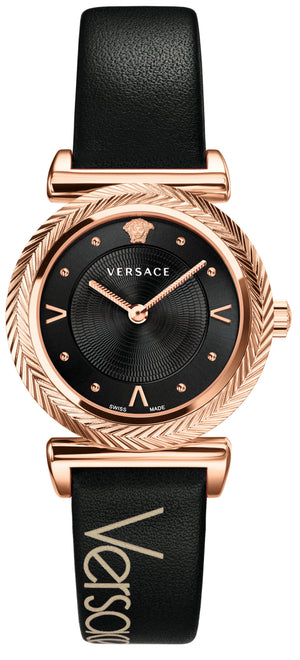  Shop Authentic Versace V-Motif Vintage Logo Black Dial Black Leather Strap Watch for Women - VERE00818 - Luxxuri
