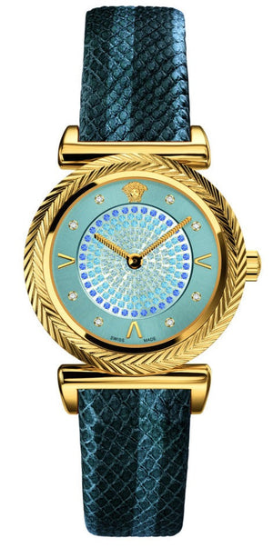  Shop Authentic Versace V-Motif Vintage Logo Diamonds Blue Dial Blue Leather Strap Watch for Women - VERE01018 - Luxxuri