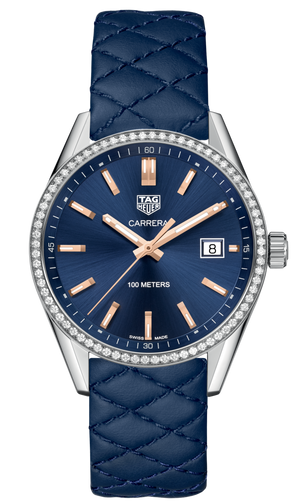  Shop Authentic Tag Heuer Carrera Quartz Diamonds Blue Dial Blue Leather Strap Watch for Women - WAR1114.FC6391 - Luxxuri