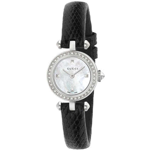  Shop Authentic Gucci Diamantissima Diamonds Mother of Pearl Dial Black Leather Strap Watch For Women - YA141511 - Luxxuri