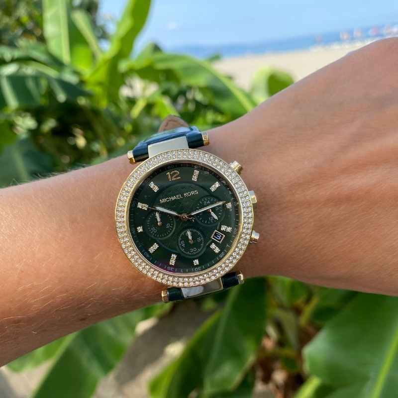  Shop Authentic Michael Kors Parker Chronograph Green Dial Green Leather Strap Watch For Women - MK6985 - Luxxuri