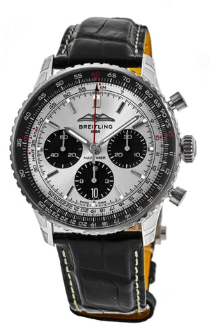  Shop Authentic Breitling Navitimer B01 Chronograph 43 Silver Dial Black Leather Strap Watch for Men - AB0138241G1P1 - Luxxuri