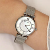  Shop Authentic Emporio Armani Gianni T-Bar Quartz Mother of Pearl Dial Silver Mesh Bracelet Watch For Women - AR11319 - Luxxuri